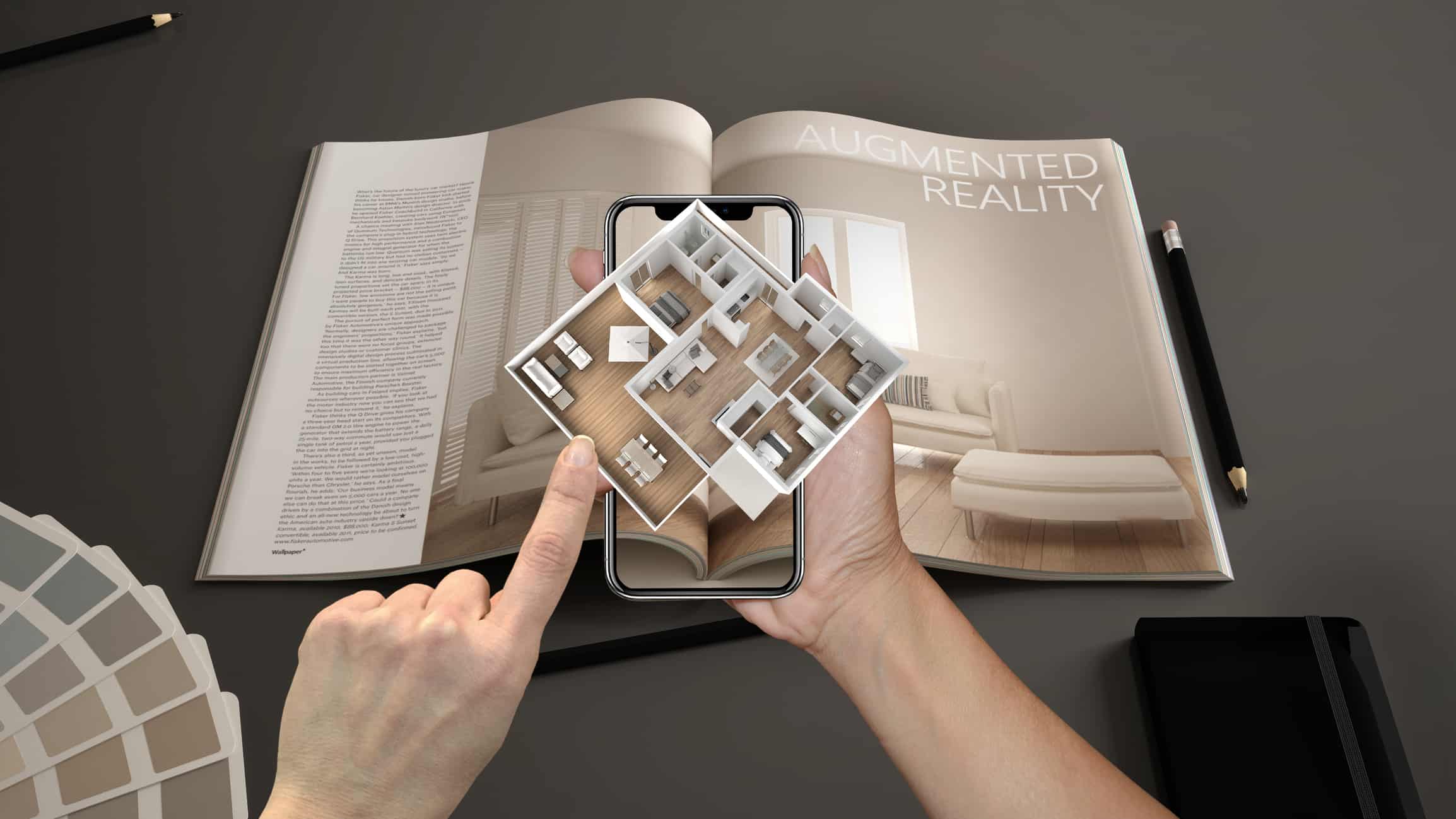 Augmented Reality Concept. Hand Holding Smartphone With AR Application Used To Simulate 3d Pop-up Interactive House Maps To Life